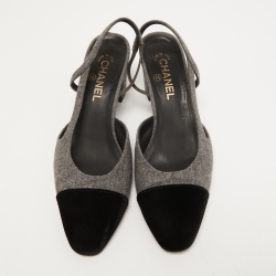 Chanel Grey/Black Velvet and Fur CC Block Heel Slingback Pumps Size 41