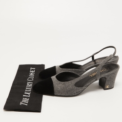 Chanel Grey/Black Velvet and Fur CC Block Heel Slingback Pumps Size 41