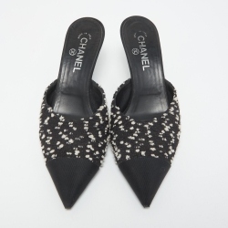 Chanel Black/White Tweed and Canvas Cap Toe CC Pearl Heel Mules Size 40