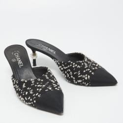Chanel Black/White Tweed and Canvas Cap Toe CC Pearl Heel Mules Size 40