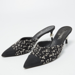 Chanel Black/White Tweed and Canvas Cap Toe CC Pearl Heel Mules