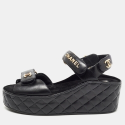 Chanel Black Quilted Leather Logo Wedge Ankle Strap Sandals Size