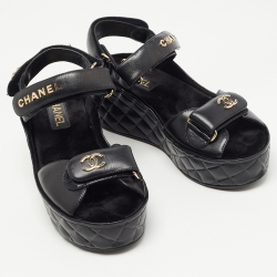 Pre Owned Chanel Black Quilted Leather Logo Wedge Ankle Strap Sandals Size 38