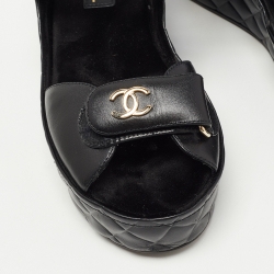 Pre Owned Chanel Black Quilted Leather Logo Wedge Ankle Strap Sandals Size 38