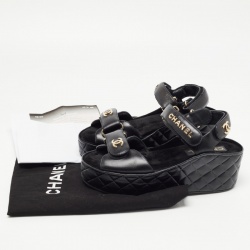 Pre Owned Chanel Black Quilted Leather Logo Wedge Ankle Strap Sandals Size 38