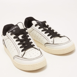 Chanel White/Black Perforated Leather Logo Low Top  Sneakers Size 38