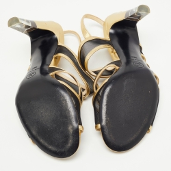 Pre Owned Chanel Gold/ Black Mesh and Leather Lucite Heel Sandals Size 38