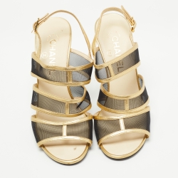Pre Owned Chanel Gold/ Black Mesh and Leather Lucite Heel Sandals Size 38