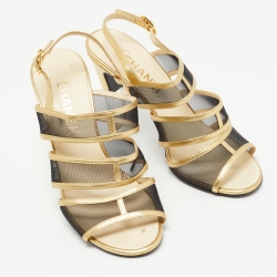 Pre Owned Chanel Gold/ Black Mesh and Leather Lucite Heel Sandals Size 38