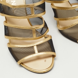 Pre Owned Chanel Gold/ Black Mesh and Leather Lucite Heel Sandals Size 38