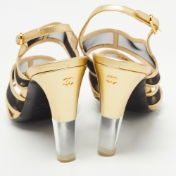 Pre Owned Chanel Gold/ Black Mesh and Leather Lucite Heel Sandals Size 38