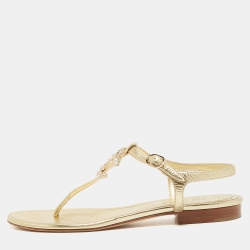 Pre Owned Chanel Gold Leather Embellished CC T-Strap Flat Sandals Size 39.5