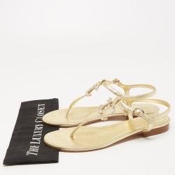 Pre Owned Chanel Gold Leather Embellished CC T-Strap Flat Sandals Size 39.5