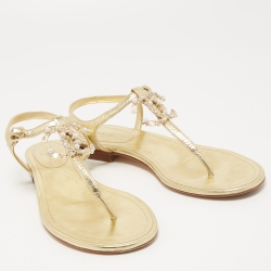 Pre Owned Chanel Gold Leather Embellished CC T-Strap Flat Sandals Size 39.5