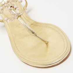 Pre Owned Chanel Gold Leather Embellished CC T-Strap Flat Sandals Size 39.5