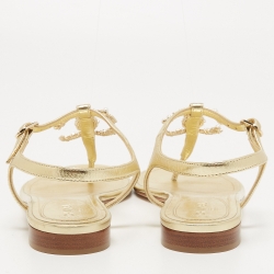 Pre Owned Chanel Gold Leather Embellished CC T-Strap Flat Sandals Size 39.5