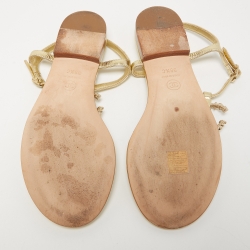 Pre Owned Chanel Gold Leather Embellished CC T-Strap Flat Sandals Size 39.5