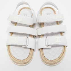 Pre Owned Chanel White Leather Ankle Strap Espadrille Sandals Size 38