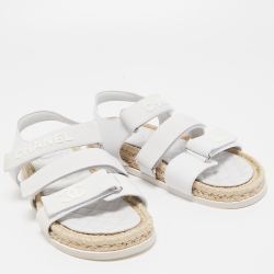 Pre Owned Chanel White Leather Ankle Strap Espadrille Sandals Size 38