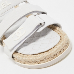 Pre Owned Chanel White Leather Ankle Strap Espadrille Sandals Size 38