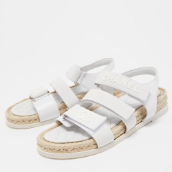Pre Owned Chanel White Leather Ankle Strap Espadrille Sandals Size 38