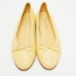 Chanel Yellow Leather Bow CC Cap Toe Ballet Flats Size 38