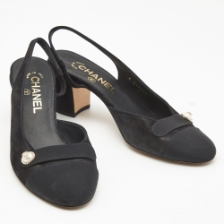 Chanel Black Suede and Canvas CC Slingback Pumps Size Size 38