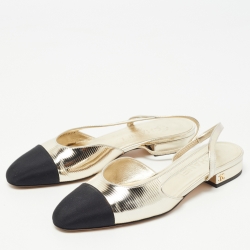 Chanel Gold/Black Canvas and Leather CC Slingback Sandals Size 36