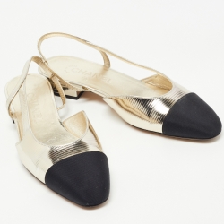 Chanel Gold/Black Canvas and Leather CC Slingback Sandals Size 36