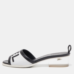 Chanel White/Black Leather Logo Slide Sandals Size 36.5