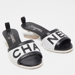 Chanel White/Black Leather Logo Slide Sandals Size 36.5