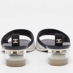 Chanel White/Black Leather Logo Slide Sandals Size 36.5