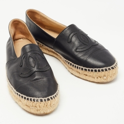 Pre Owned Chanel Black Leather CC Espadrille Flats Size 37 