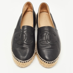 Pre Owned Chanel Black Leather CC Espadrille Flats Size 37 
