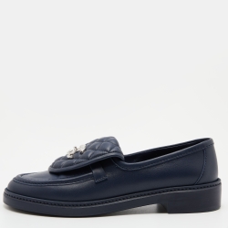 Pre Owned Chanel Blue Quilted Leather CC Turnlock Loafers Size 38