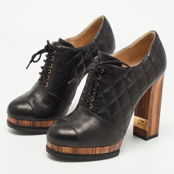 Chanel Black Quilted Leather CC Block Heel Lace Up Platform Booties Size 38