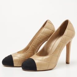 Pre Owned Chanel Beige/Black Leather Interlocking CC Logo Pumps Size 37