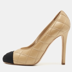 Pre Owned Chanel Beige/Black Leather Interlocking CC Logo Pumps Size 37