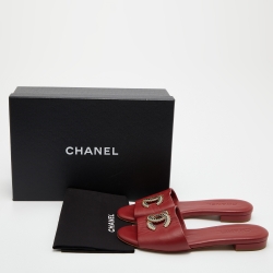 Pre Owned Chanel Red Leather CC Logo Flat Slides Size 39