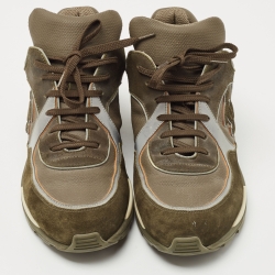 Pre Owned Chanel Green Leather and Suede CC Lace Up Sneakers Size 42