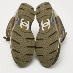 Pre Owned Chanel Green Leather and Suede CC Lace Up Sneakers Size 42