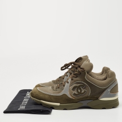 Pre Owned Chanel Green Leather and Suede CC Lace Up Sneakers Size 42