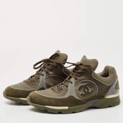 Pre Owned Chanel Green Leather and Suede CC Lace Up Sneakers Size 42