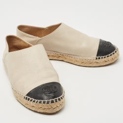 Pre Owned Chanel Cream/Black Leather CC Cap Toe Espadrille Flats Size 37