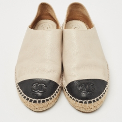 Pre Owned Chanel Cream/Black Leather CC Cap Toe Espadrille Flats Size 37