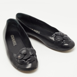 Chanel Black Leather Camelia Ballet Flats Size 40