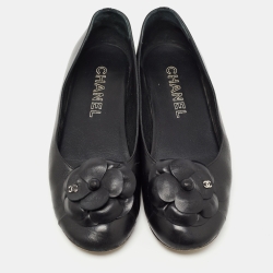 Chanel Black Leather Camelia Ballet Flats Size 40