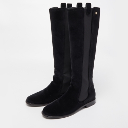 Chanel Black Velvet Suede Knee Length Boots Size 40