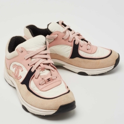 Pre Owned Chanel Multicolor Multicolor Leather and Suede CC Lace Up Sneakers Size 37