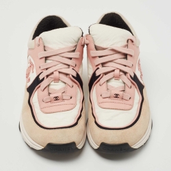 Pre Owned Chanel Multicolor Multicolor Leather and Suede CC Lace Up Sneakers Size 37